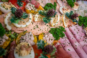A stunning and vibrant display of gourmet food featuring assorted meats, beautiful egg slices, and fresh herbs
