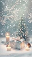 gift box, ribbon, christmas tree, glitter, candle, snowflake, fairy tale, fantastic