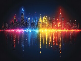 Vibrant Cityscape Skyline Reflecting in Water at Night