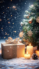 gift box, ribbon, christmas tree, glitter, candle, snowflake, fairy tale, fantastic