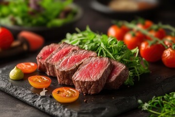Sliced beef steak with arugula and cherry tomatoes on a slate plate.  Fresh salad in the background.
