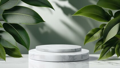 Marble showcase podium for product placement in green natural shadow leaves. plant in the garden