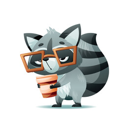An adorable raccoon happily enjoys sipping coffee, making it an ideal character for charming childrens illustrations © EnyaLis