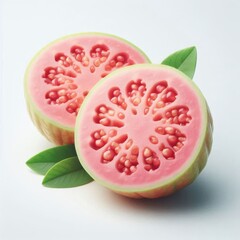 Halved pink guava fruit isolated on white, showing vibrant interior