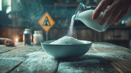 Hand Pouring Salt Into Bowl With Warning Sign Symbolizing Dangers of High Sodium Intake and the Importance of Healthy Dietary Choices