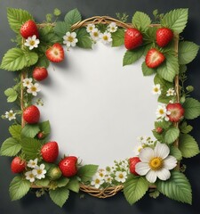 Watercolor wild strawberry and floral frame design, decoration, whimsical, nature-inspired