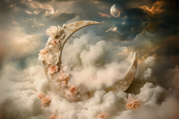 Moon adorned with roses surrounded by clouds in a dreamy sky setting Newborn backdrop