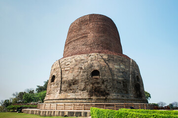 Saranath, Bihar, India-Dhamekh Stupa, where the Buddha gave the first sermon to five Brahmin disciples after enlightenment.