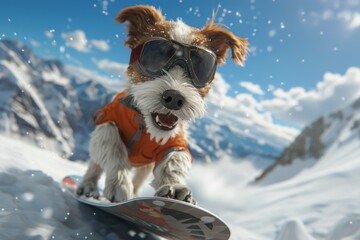 Jack Russell Terrier Dog Wearing Goggles Snowboarding Down a Snowy Mountain Winter Fun With Pets