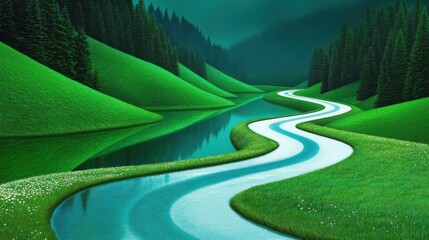 A green path leads to the distance in the forest,