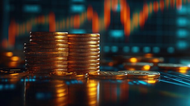 Golden Coins Stacked with Financial Graph Background and Chiaroscuro Lighting