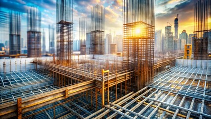 Fototapeta premium Double Exposure: Steel Reinforcement Construction Site, Building Site Photography, Construction Details, Architectural Photography, Concrete Structure