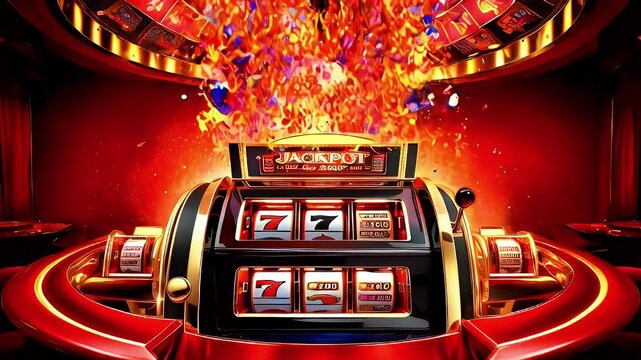 A vibrant slot machine with a jackpot display, surrounded by confetti and excitement.