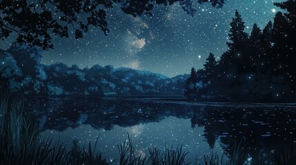 Starry Night Over Lake with Reflection