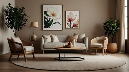 Creative composition of living room interior with mock up poster frame, boucle sofa, wooden coffee table, round carpet, white armchair, magnolia and personal accessories. Home decor. Template.