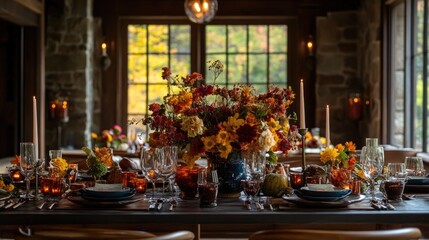 A beautifully arranged dining table adorned with autumn flowers and candles, perfect for gatherings.