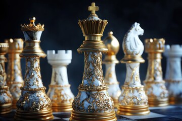 Elegant gold and white marble chess pieces on a dark background.