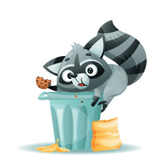 A charming raccoon feasting on delicious snacks from a messy trash can, exuding playful charm and curiosity © EnyaLis