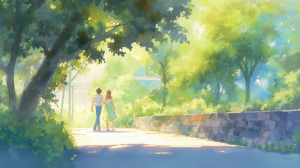 木陰の小道を歩くカップル｜夏・自然・静かな散歩・ロマンチックな風景