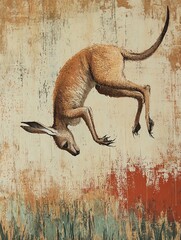 Fototapeta premium A vibrant artwork showcasing a kangaroo in mid-leap against a textured background of earthy tones.
