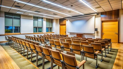Empty Lecture Hall, Projector Screen, Wooden Chairs, Anticipation - Stock Photo