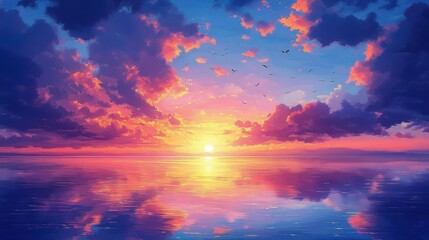 Fototapeta premium Sunset Landscape with Vibrant Colors Calm Water and Birds in the Distance