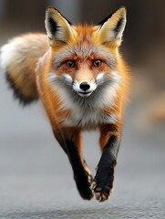 Obraz premium A vibrant and agile fox captured mid-run, showcasing its beautiful fur and lively spirit in the wild.