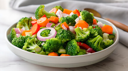 Fresh broccoli salad with colorful raw vegetables like carrots and bell peppers
