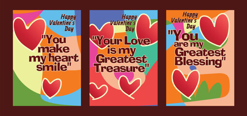Three Unique Valentine Templates with Stylish Pastel Colors. A set of Valentine’s Day greeting card with sample text, red hearts and abstract backgrounds templates vector illustration. 