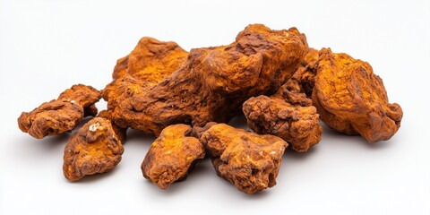 Dried chaga mushroom chunks on white background