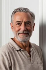 Obraz premium Serious older man in casual with beard head shot portrait. Grey haired retiree, pensioner posing, standing isolated against white wall background
