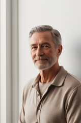 Obraz premium Serious older man in casual with beard head shot portrait. Grey haired retiree, pensioner posing, standing isolated against white wall background