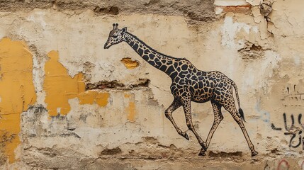 A stunning mural of a giraffe walking gracefully against a weathered wall, showcasing urban wildlife art.