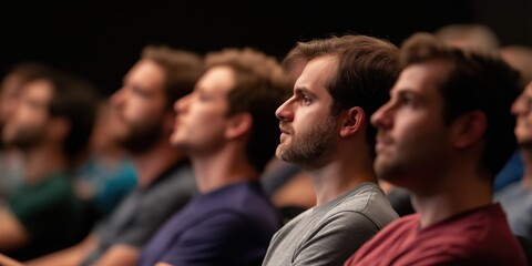 Obraz premium A captivated audience engaged in thought and concentration, illuminated softly in a darkened room, reflecting the importance of knowledge and shared experiences.