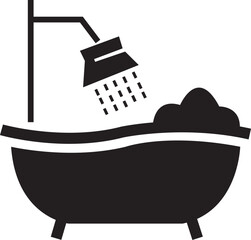 Bathtub with Shower icon in black flat style. Bathroom hygiene symbol. Bathing sign. Washroom pictogram. Foaming water sign illustration. Bubble bath vector design isolated on transparent background.