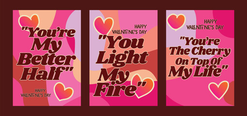 Trendy Valentine Greeting Cards with Subtle Pastel Details. A set of Valentine’s Day greeting card with sample text, red hearts and abstract backgrounds templates vector illustration. 