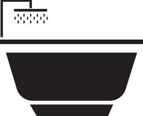 Bathtub with Shower icon in black flat style. Bathroom hygiene symbol. Bathing sign. Washroom pictogram. Foaming water sign illustration. Bubble bath vector design isolated on transparent background.