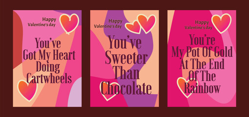 Three Elegant Valentine’s Cards Featuring Red Heart Motifs. A set of Valentine’s Day greeting card with sample text, red hearts and abstract backgrounds templates vector illustration. 