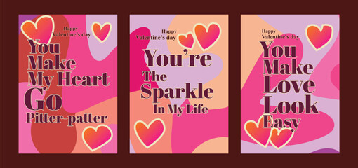 Naklejka premium Romantic Valentine Card Pack with Abstract Pastel Backgrounds. A set of Valentine’s Day greeting card with sample text, red hearts and abstract backgrounds templates vector illustration. 
