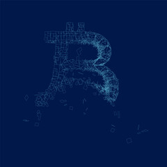 Fractured Line bitcoin symbol vector icon with destruction effect vector illustration. Line abrasion effect for bitcoin symbol shows speed and movement of cyberspace things.