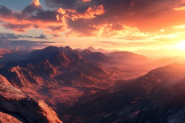 Naklejka premium A breathtaking sunset over rugged mountains, showcasing nature's beauty and tranquility.