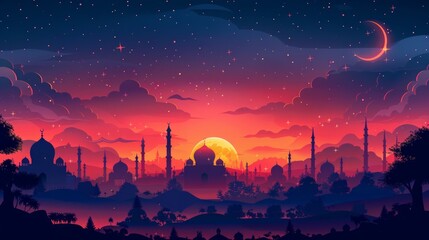 Obraz premium Silhouette of a city at sunset with a crescent moon and stars.