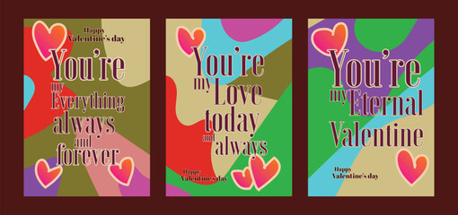 Naklejka premium Pastel Valentine Templates with Bold Red Hearts and Abstract Art. A set of Valentine’s Day greeting card with sample text, red hearts and abstract backgrounds templates vector illustration. 
