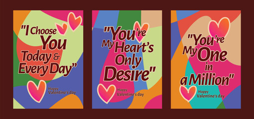 Naklejka premium Abstract Valentine Templates with Modern Art and Bold Hearts. A set of Valentine’s Day greeting card with sample text, red hearts and abstract backgrounds templates vector illustration. 