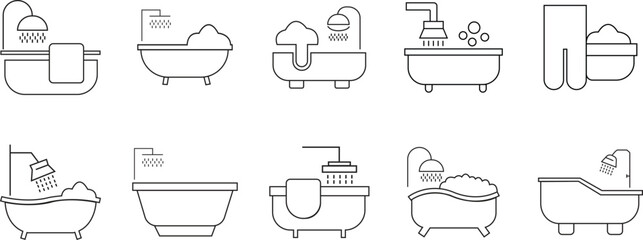 Bathtub with Shower icons set in line styles. Bathroom hygiene symbol. Bathing sign. Washroom pictogram. Foaming water sign illustration. Bubble bath vectors design isolated on transparent background.