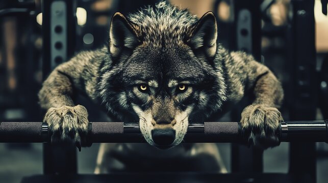 A powerful wolf depicted in a gym environment, showcasing strength and determination during a workout.