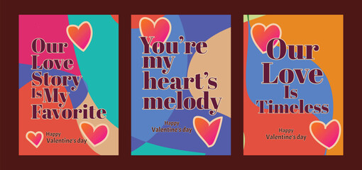 Naklejka premium Abstract Valentine Templates with Soft Pastel Backgrounds. A set of Valentine’s Day greeting card with sample text, red hearts and abstract backgrounds templates vector illustration. 