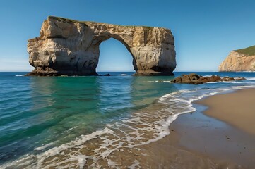 Fototapeta premium Coastal Landscape with Rugged Rock Arch Formation, Turquoise Sea, and Sandy Beach
