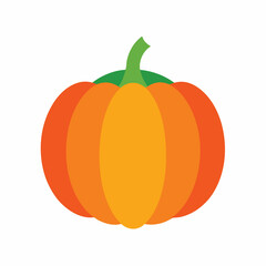 This digital image presents a stylized orange pumpkin with a curled green stem and surrounding green leaves, ideal for seasonal and festive autumn-themed background white.