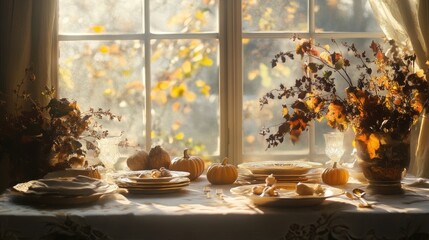 A beautifully set autumn table with seasonal decor and warm sunlight streaming through the window.